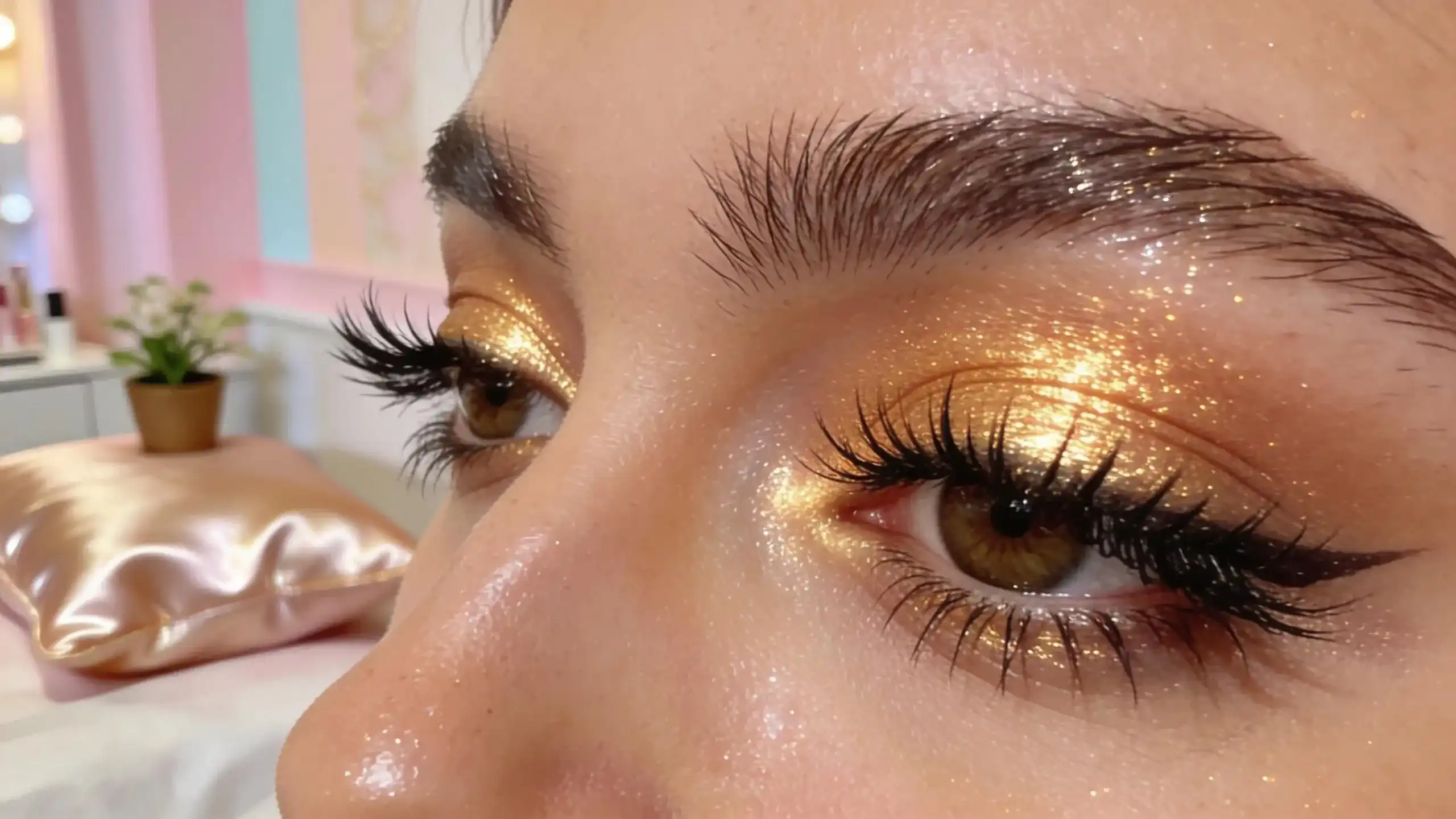 Close-up of a client's eyes with hybrid lash extensions, showcasing natural movement and fullness